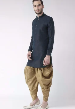 Solid Color Dupion Silk Kurta Set in Navy Blue
