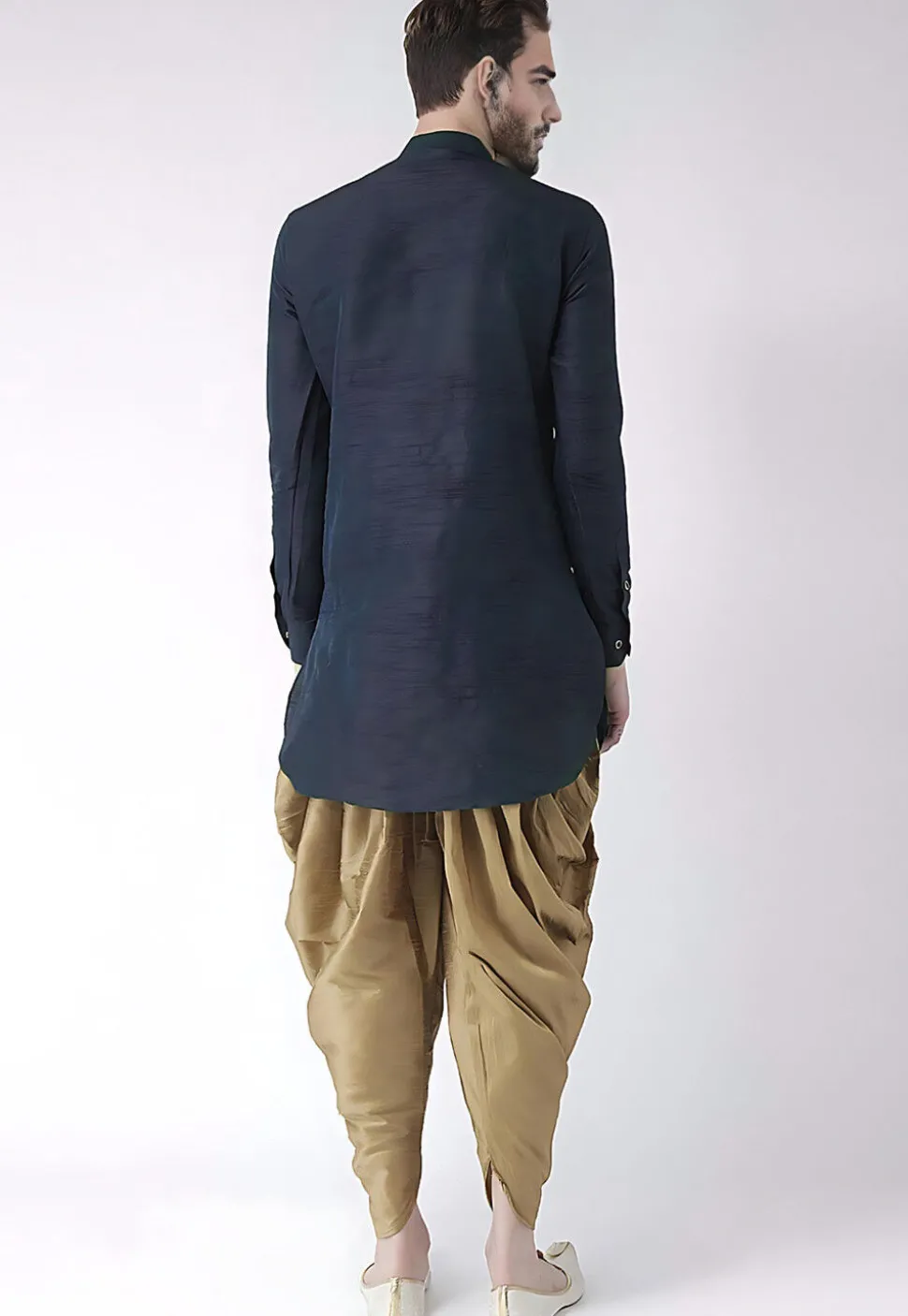 Solid Color Dupion Silk Kurta Set in Navy Blue