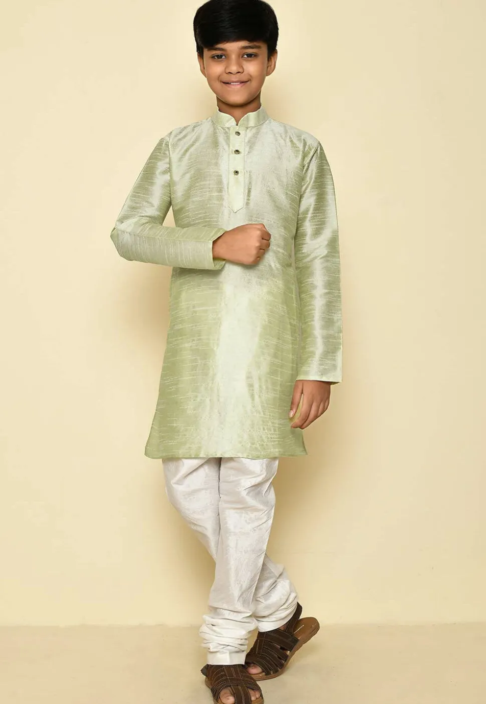 Solid Color Dupion Silk Kurta Set in Pastel Green