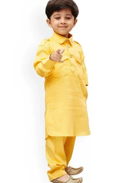 Solid Color Dupion Silk Kurta Set in Yellow