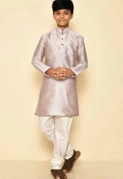 Solid Color Dupion Silk Kurta Set in Pastel Brown