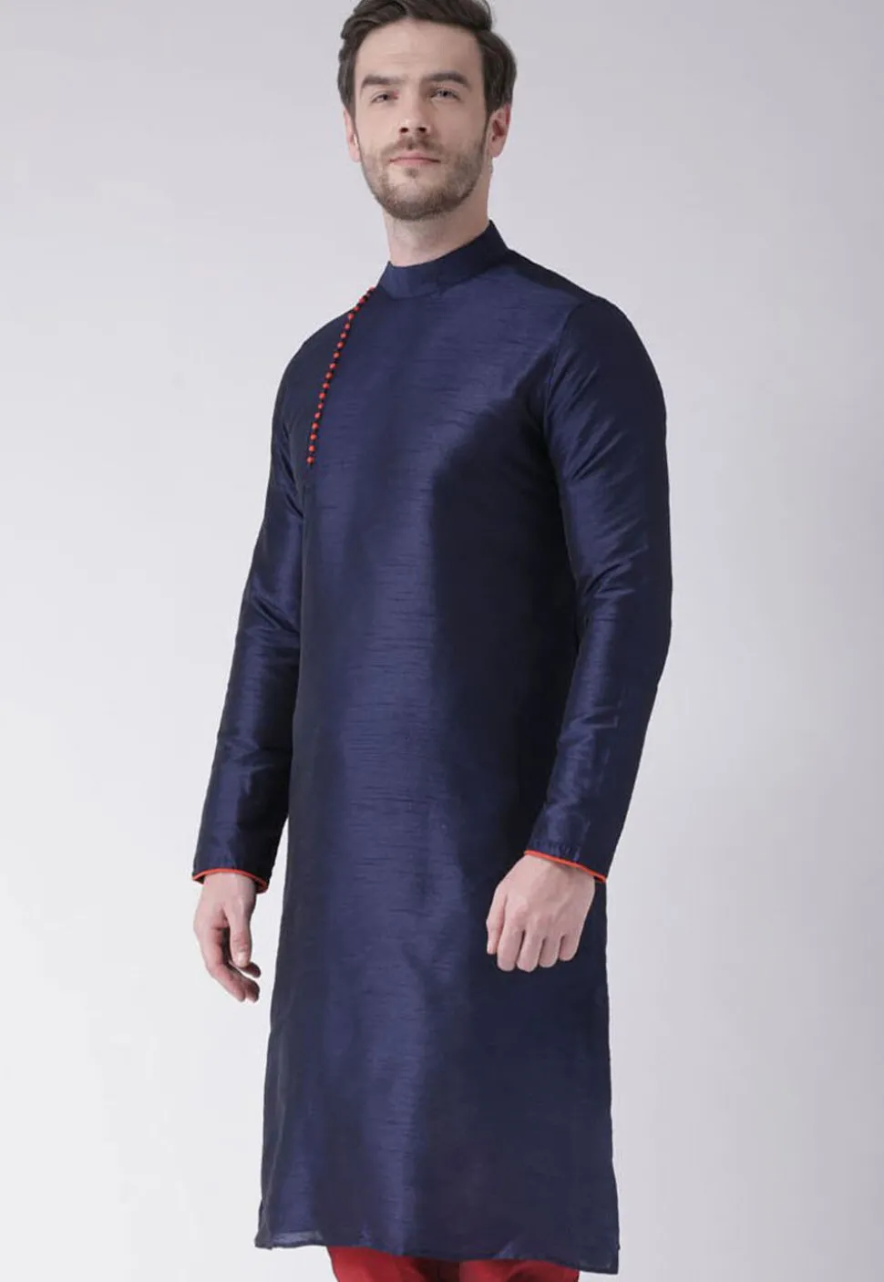 Solid Color Dupion Silk Kurta in Navy Blue
