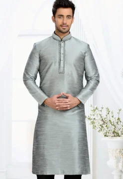 Solid Color Dupion Silk Kurta in Grey