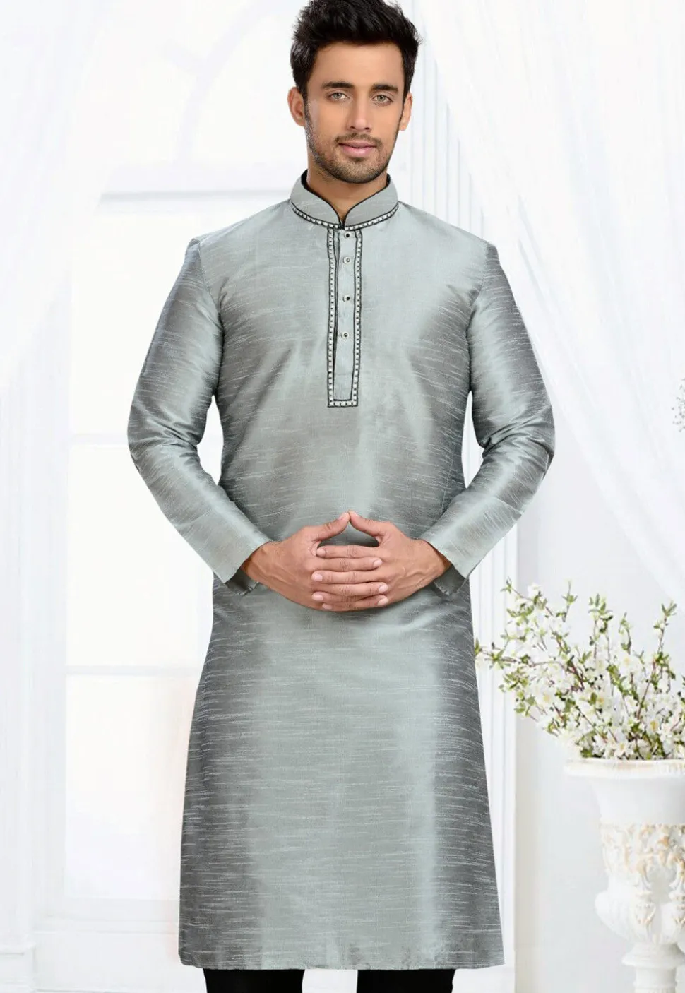 Solid Color Dupion Silk Kurta in Grey