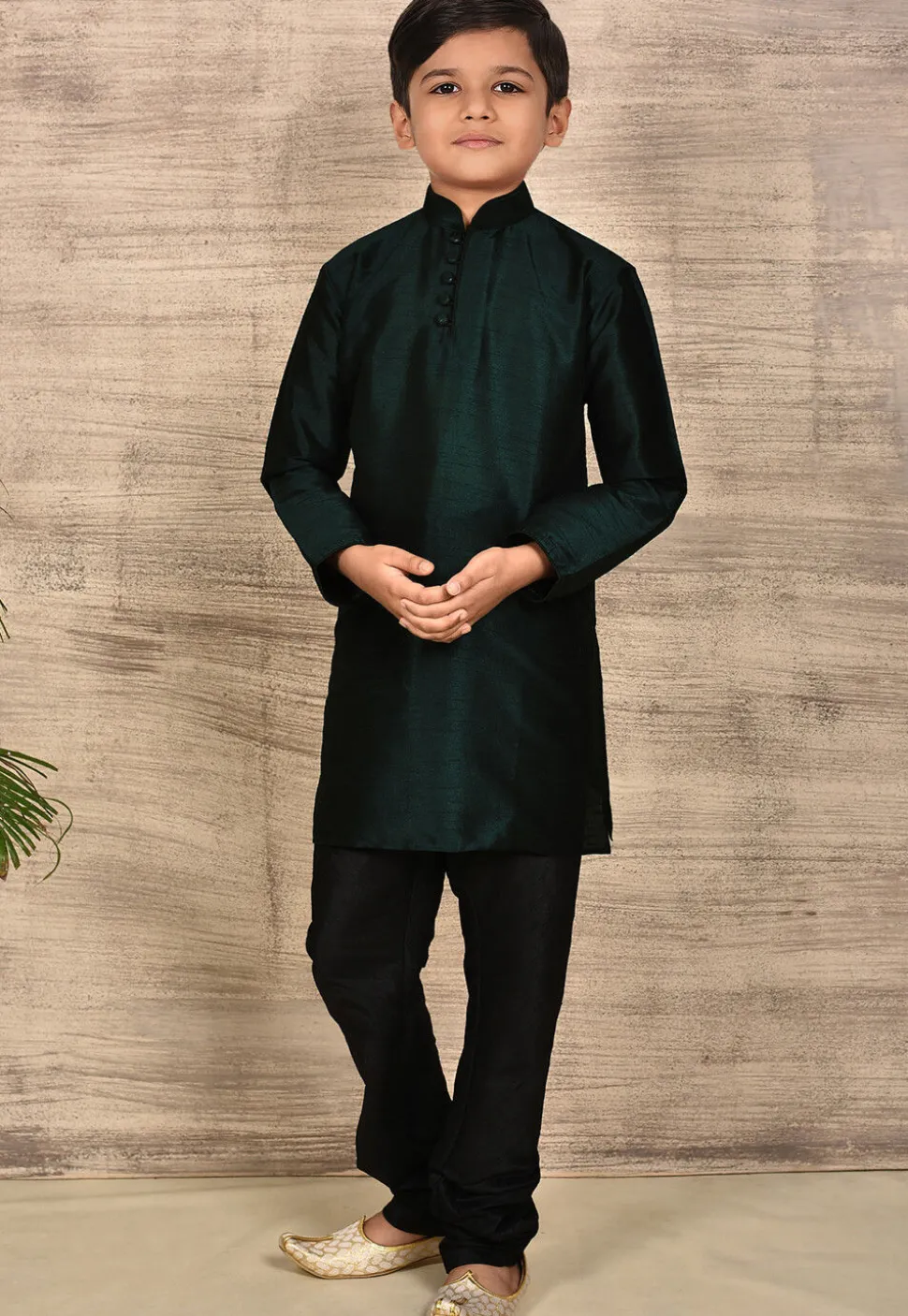 Solid Color Dupion Silk Kurta in Dark Green