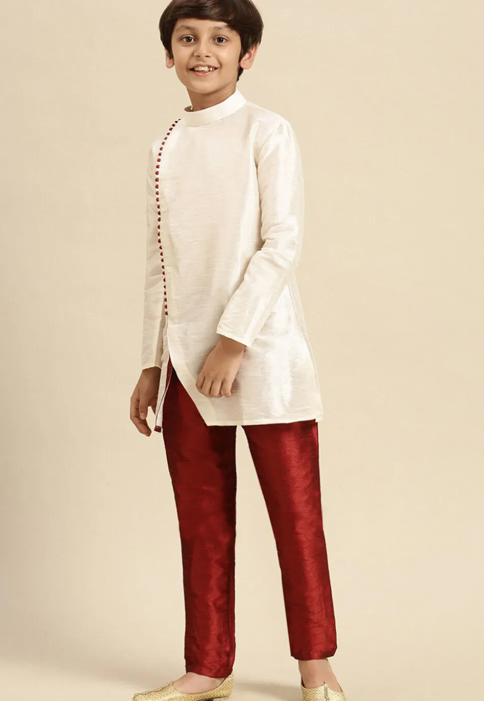 Solid Color Dupion Silk Kurta Pyjama Set in Off White