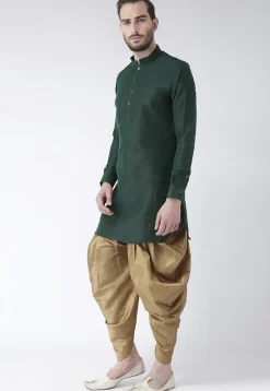 Solid Color Dupion Silk Kurta Set in Dark Green