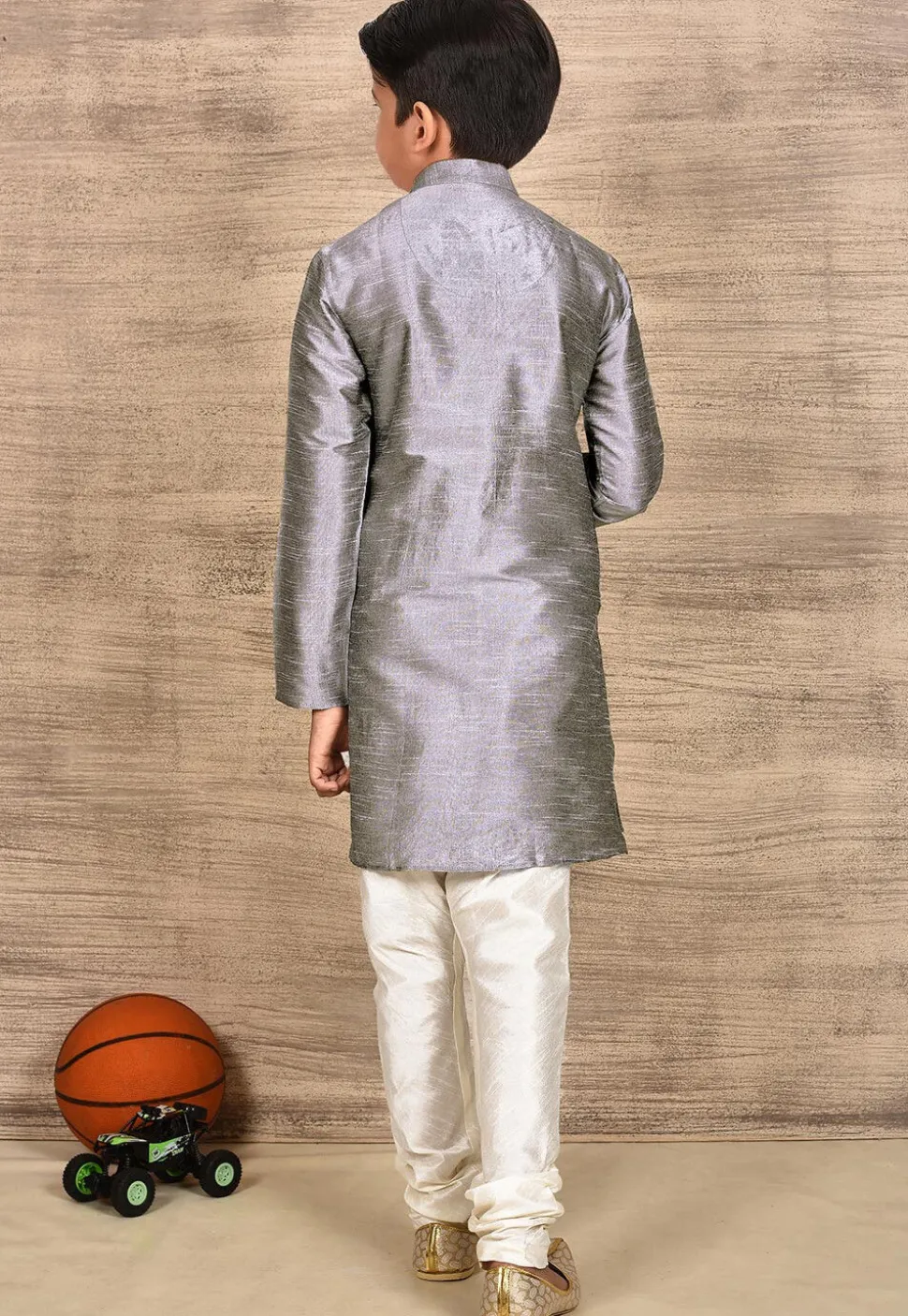 Solid Color Dupion Silk Kurta Set in Grey