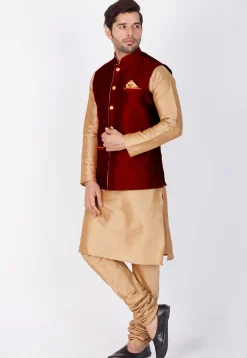 Solid Color Dupion Silk Kurta Jacket Set in Beige