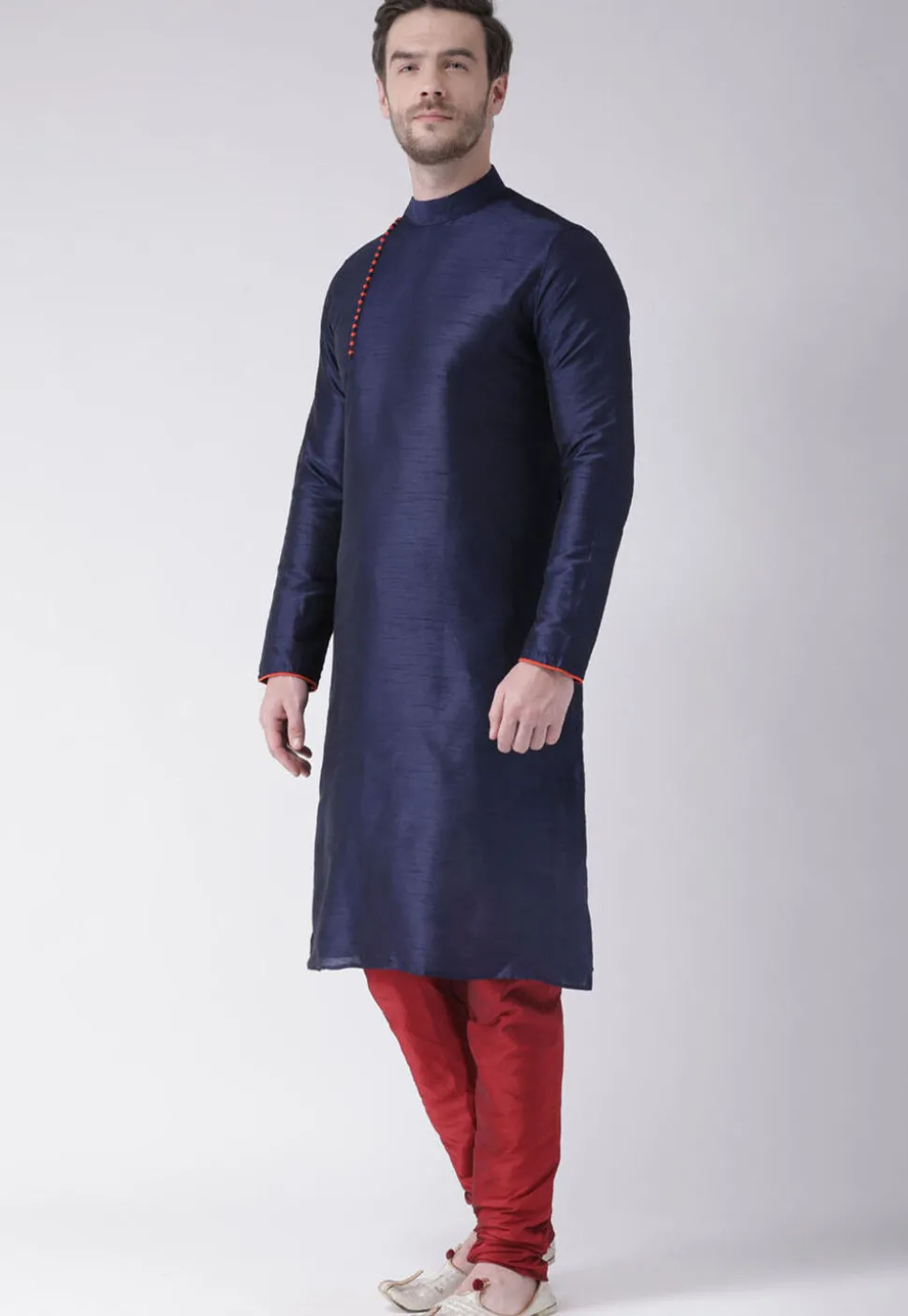 Solid Color Dupion Silk Kurta Set in Navy Blue