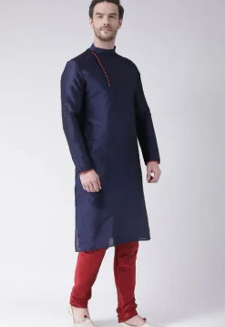 Solid Color Dupion Silk Kurta Set in Navy Blue