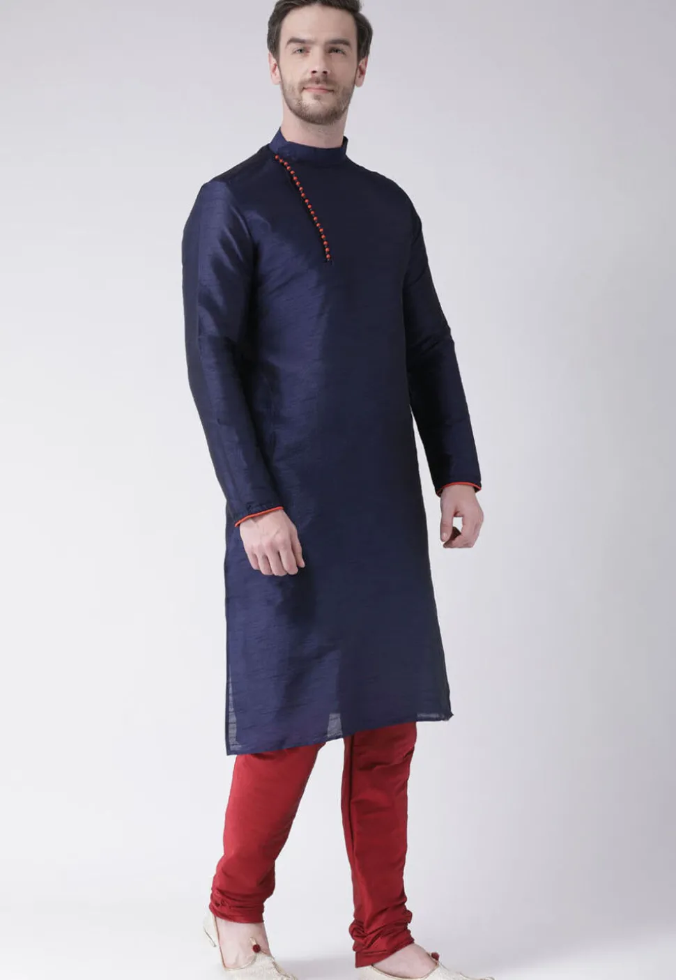 Solid Color Dupion Silk Kurta Set in Navy Blue
