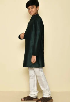 Solid Color Dupion Silk Kurta Set in Dark Green