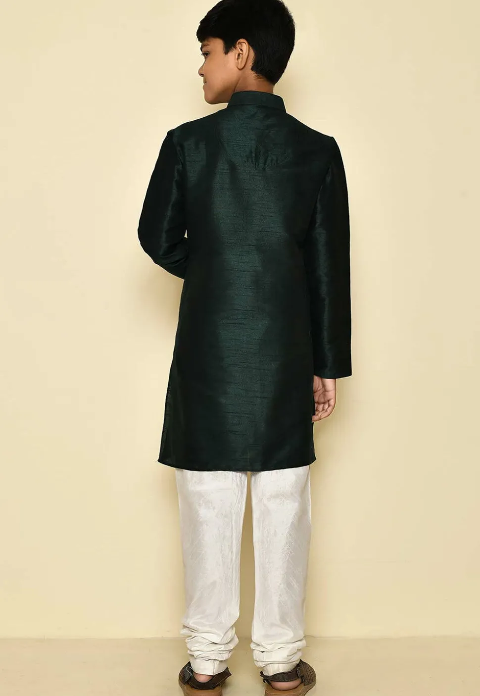 Solid Color Dupion Silk Kurta Set in Dark Green