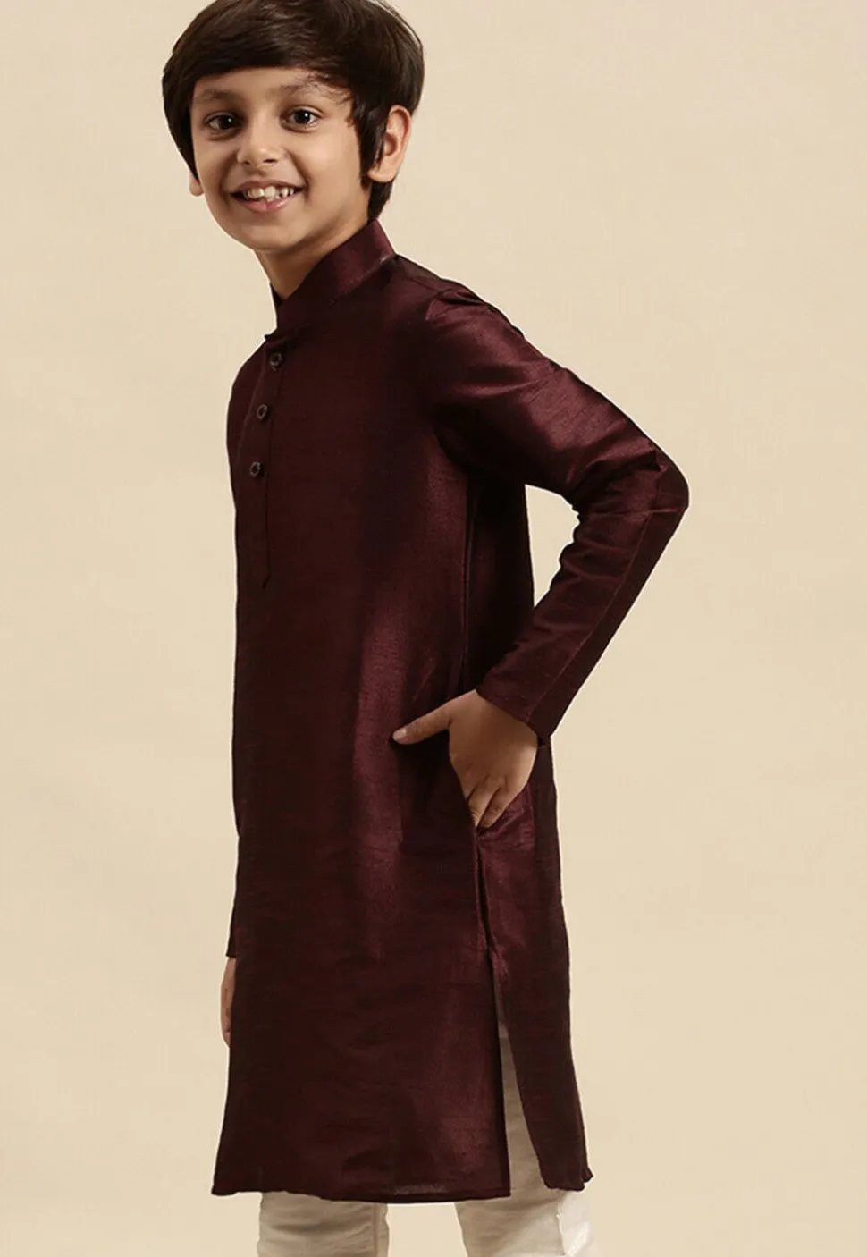 Solid Color Dupion Silk Kurta in Wine