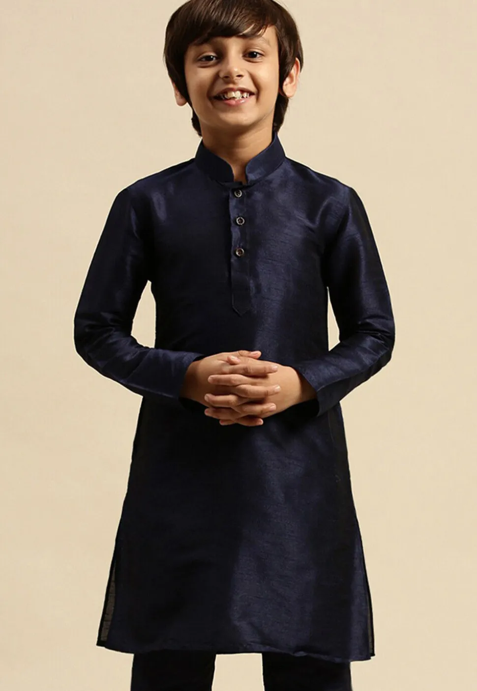 Solid Color Dupion Silk Kurta in Navy Blue