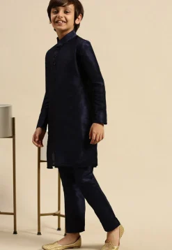 Solid Color Dupion Silk Kurta in Navy Blue