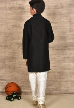 Solid Color Dupion Silk Kurta Set in Black