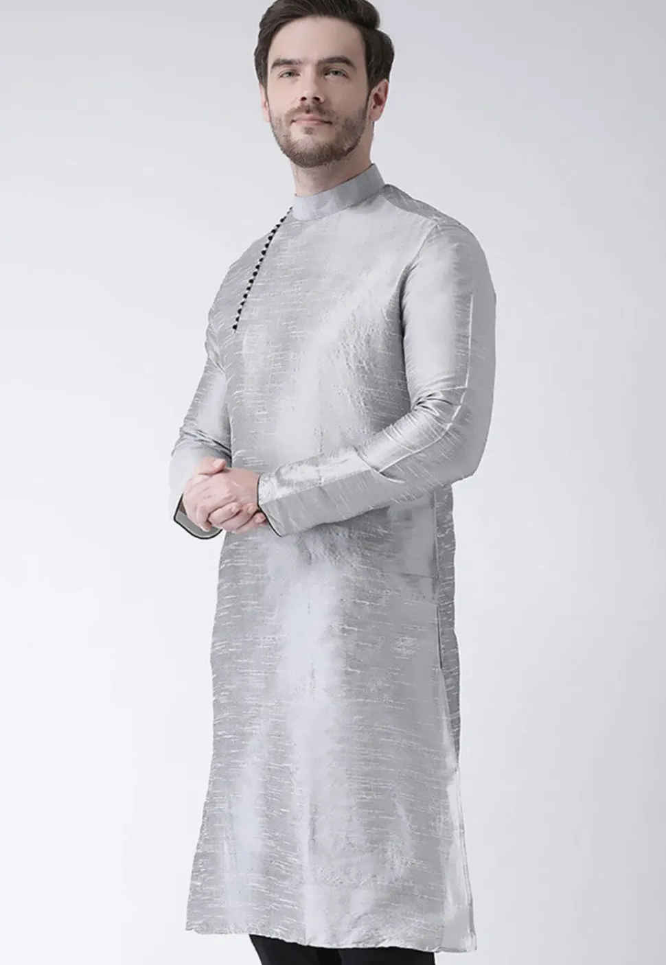Solid Color Dupion Silk Kurta in Grey
