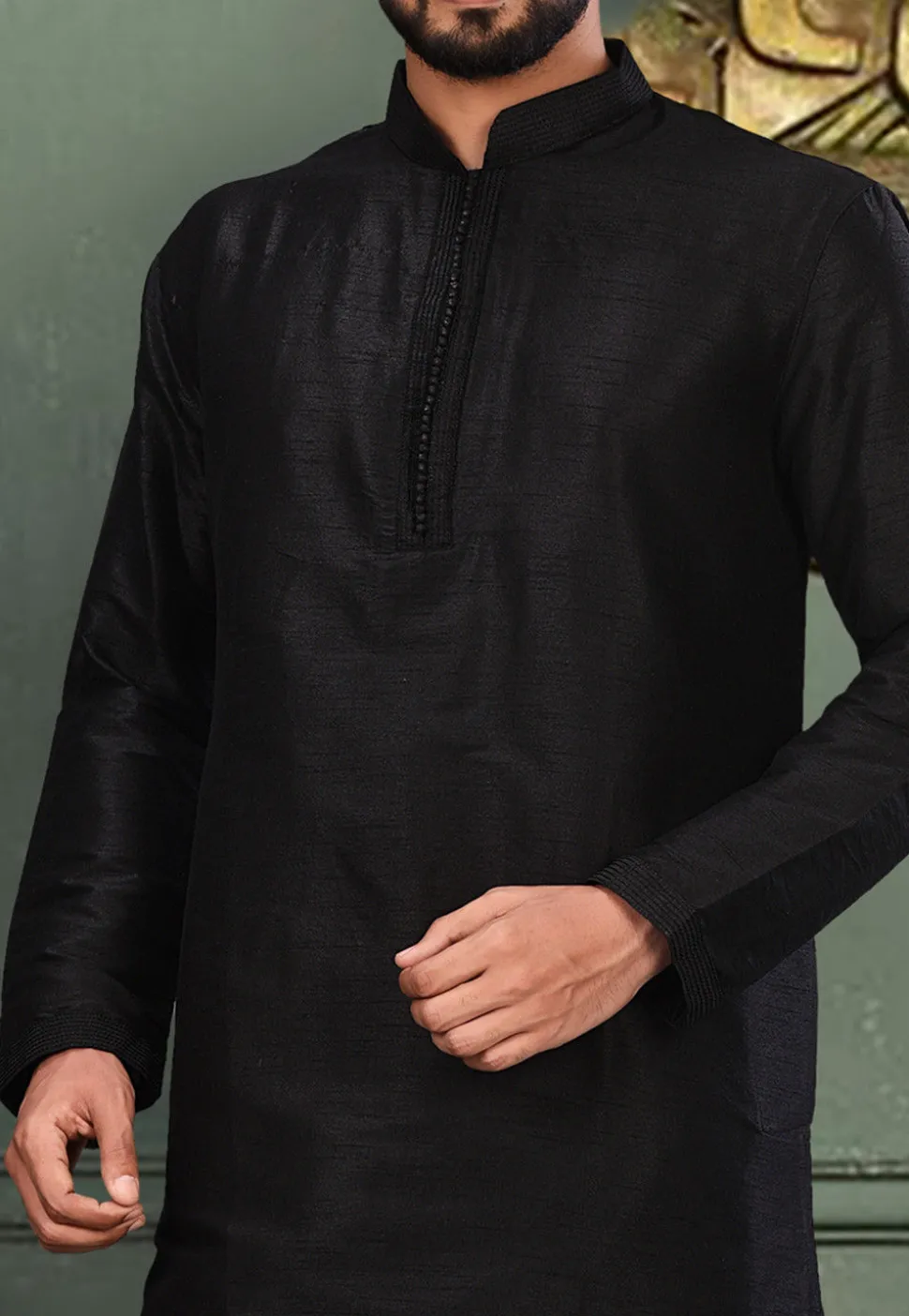 Solid Color Dupion Silk Kurta Set in Black