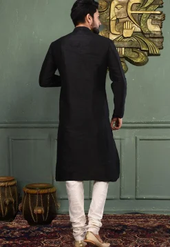 Solid Color Dupion Silk Kurta Set in Black