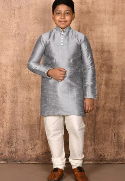 Solid Color Dupion Silk Kurta Set in Grey