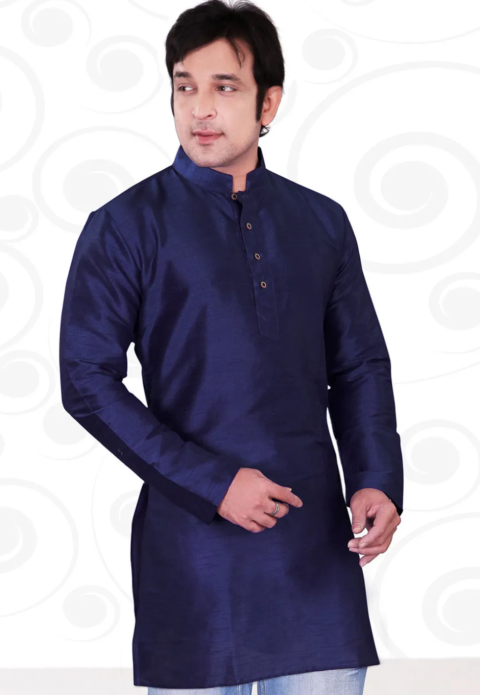 Solid Color Dupion Silk Kurta in Navy Blue