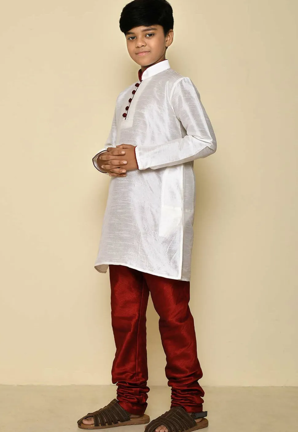 Solid Color Dupion Silk Kurta Set in Cream