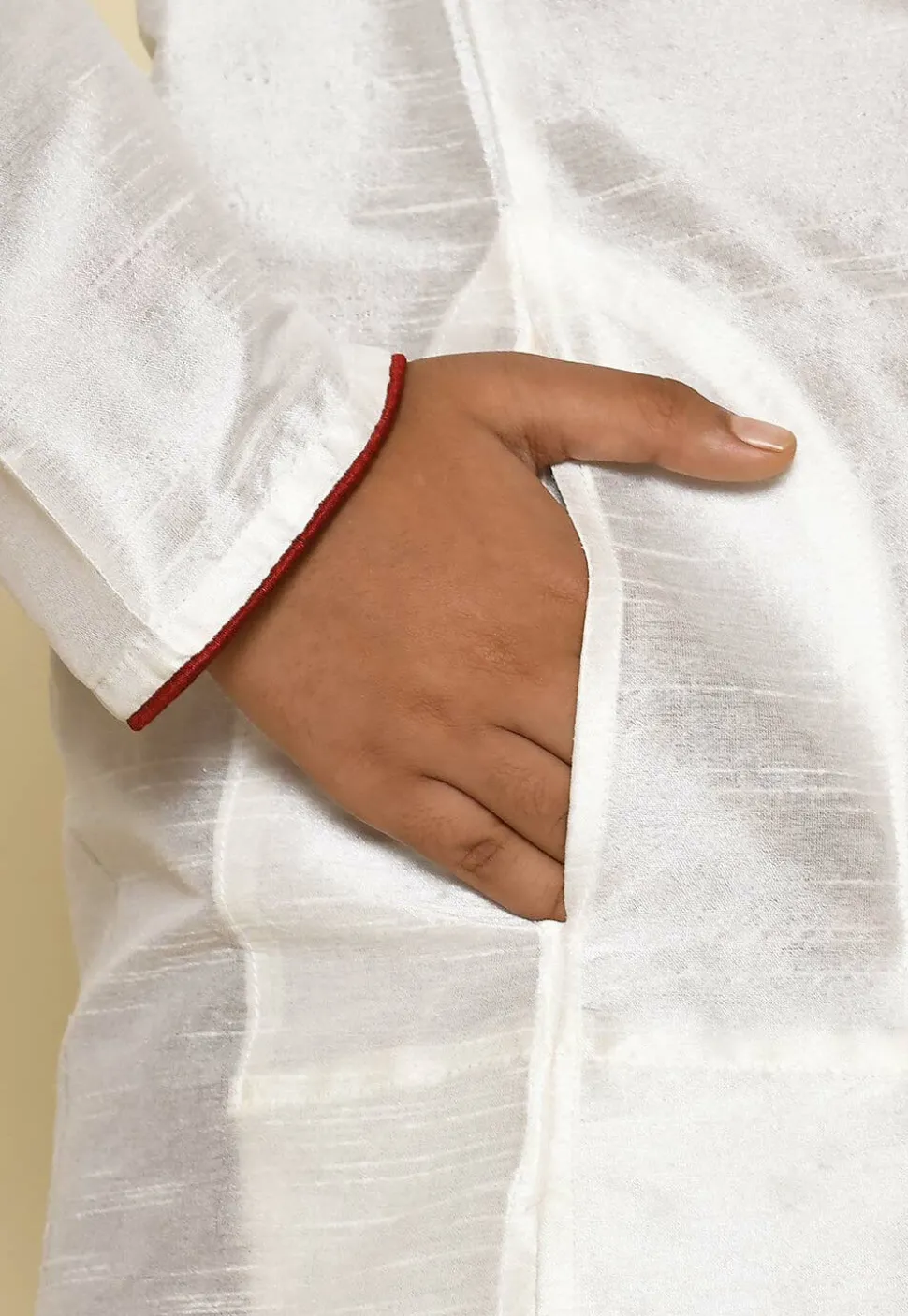Solid Color Dupion Silk Kurta Set in Cream