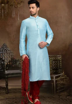 Solid Color Dupion Silk Kurta Set in Light Blue