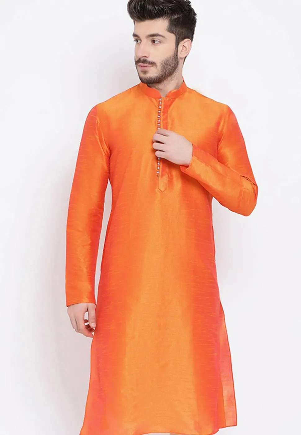 Solid Color Dupion Silk Kurta in Orange