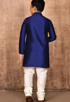 Solid Color Dupion Silk Kurta Set in Navy Blue