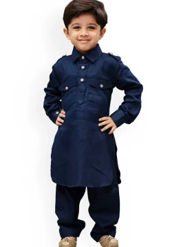 Solid Color Dupion Silk Kurta Set in Navy Blue