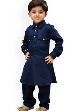 Solid Color Dupion Silk Kurta Set in Navy Blue