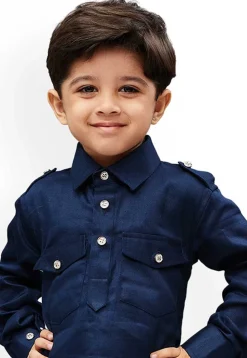 Solid Color Dupion Silk Kurta Set in Navy Blue