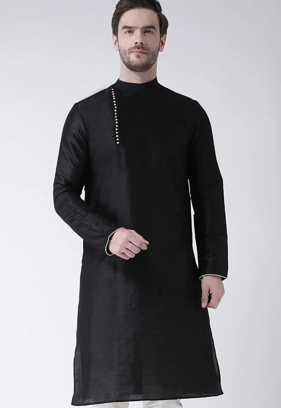 Solid Color Dupion Silk Kurta in Black