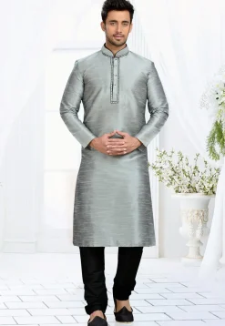Solid Color Dupion Silk Kurta Set in Grey