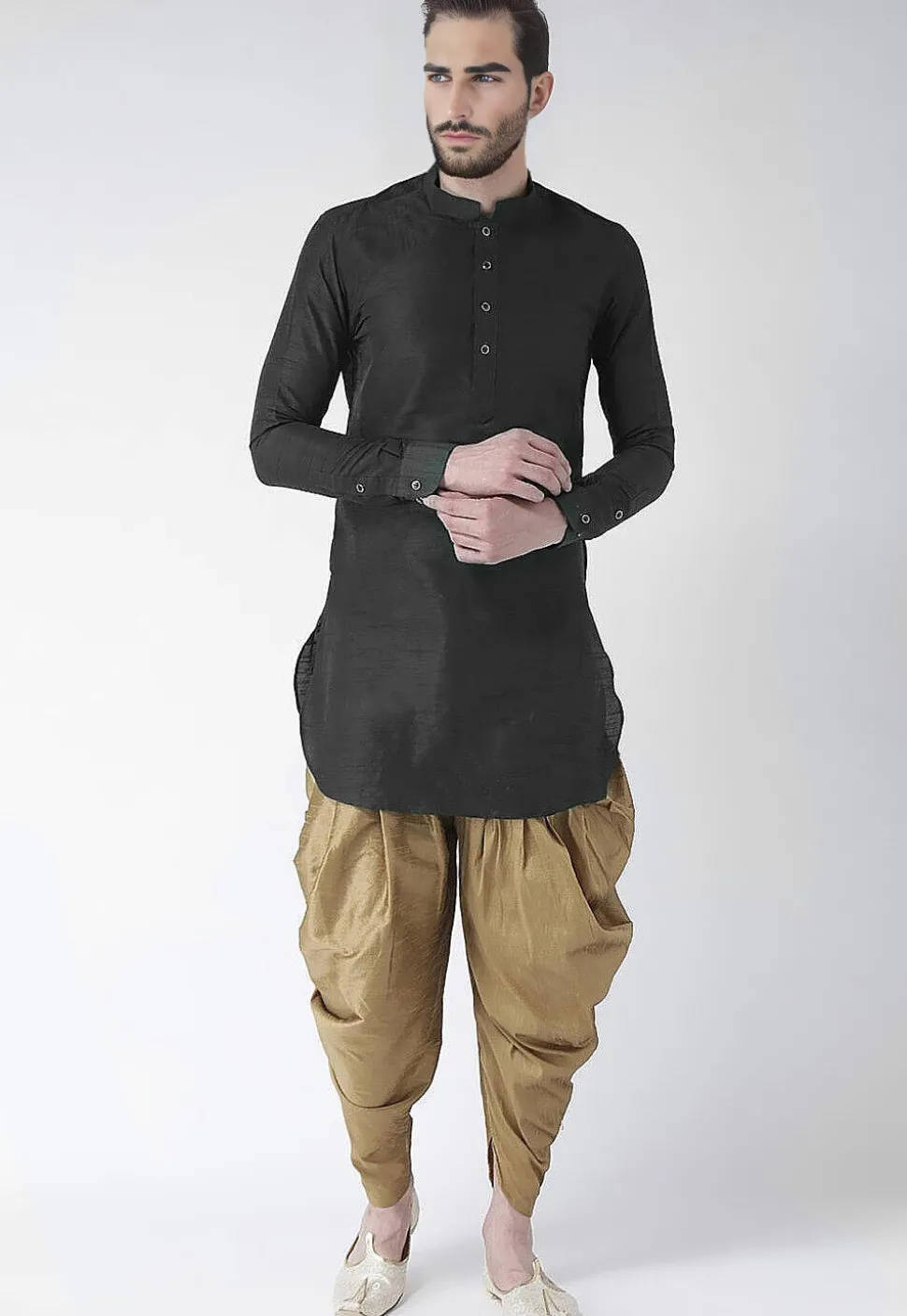 Solid Color Dupion Silk Kurta Set in Black