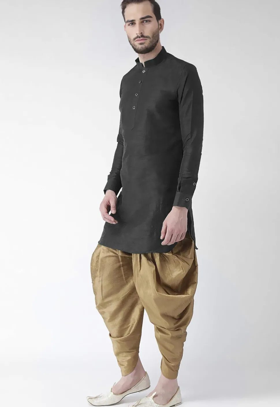 Solid Color Dupion Silk Kurta Set in Black