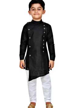 Solid Color Dupion Silk Kurta Set in Black
