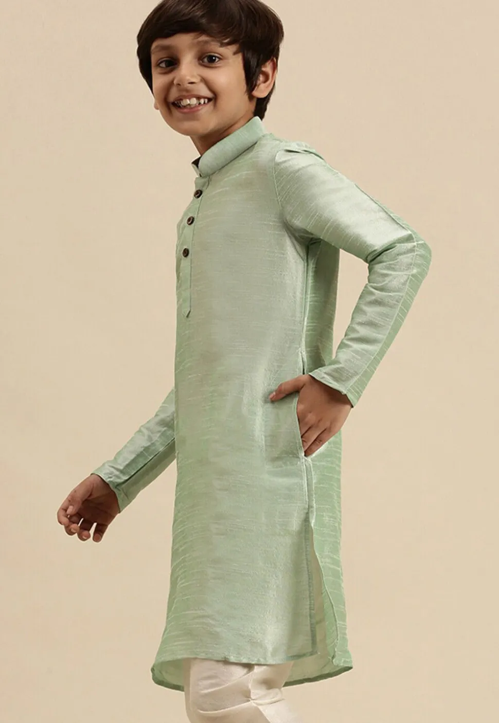 Solid Color Dupion Silk Kurta Pyjama Set in Pastel Green