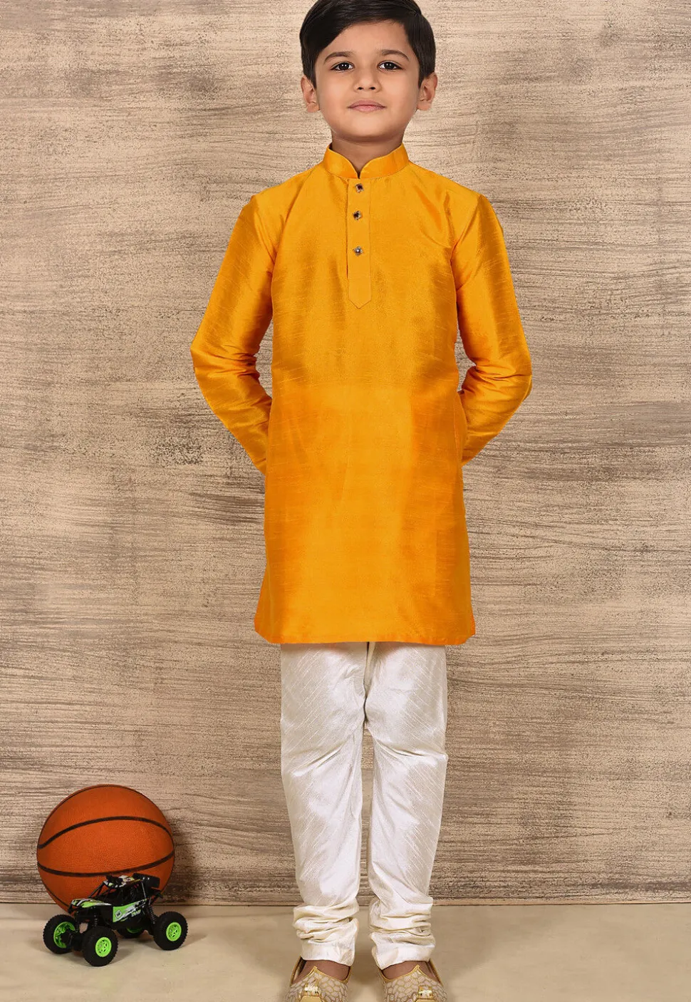 Solid Color Dupion Silk Kurta Set in Mustard