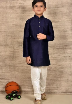 Solid Color Dupion Silk Kurta Set in Navy Blue