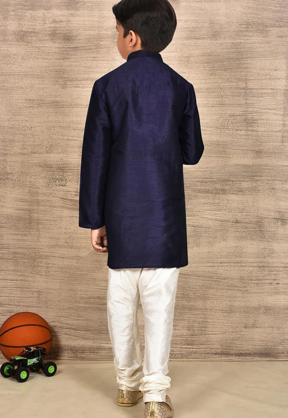 Solid Color Dupion Silk Kurta Set in Navy Blue