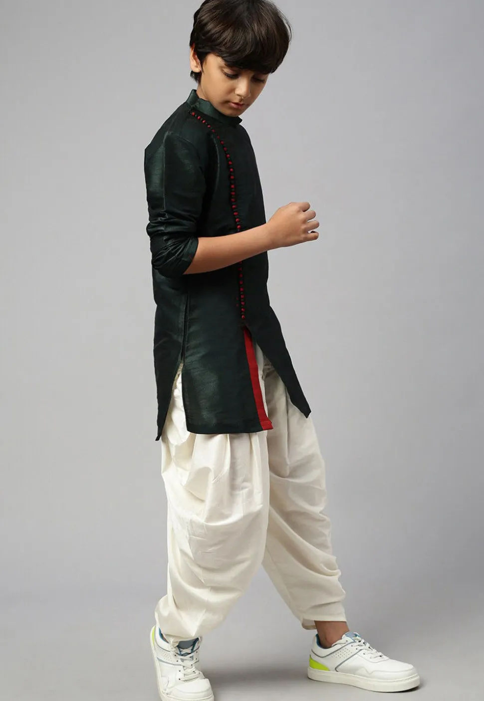 Solid Color Dupion Silk Kurta Dhoti Set in Dark Green