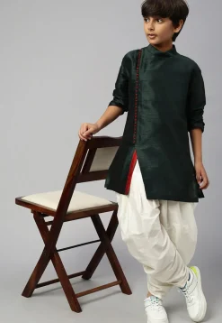 Solid Color Dupion Silk Kurta Dhoti Set in Dark Green