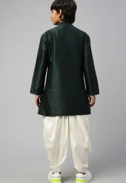 Solid Color Dupion Silk Kurta Dhoti Set in Dark Green