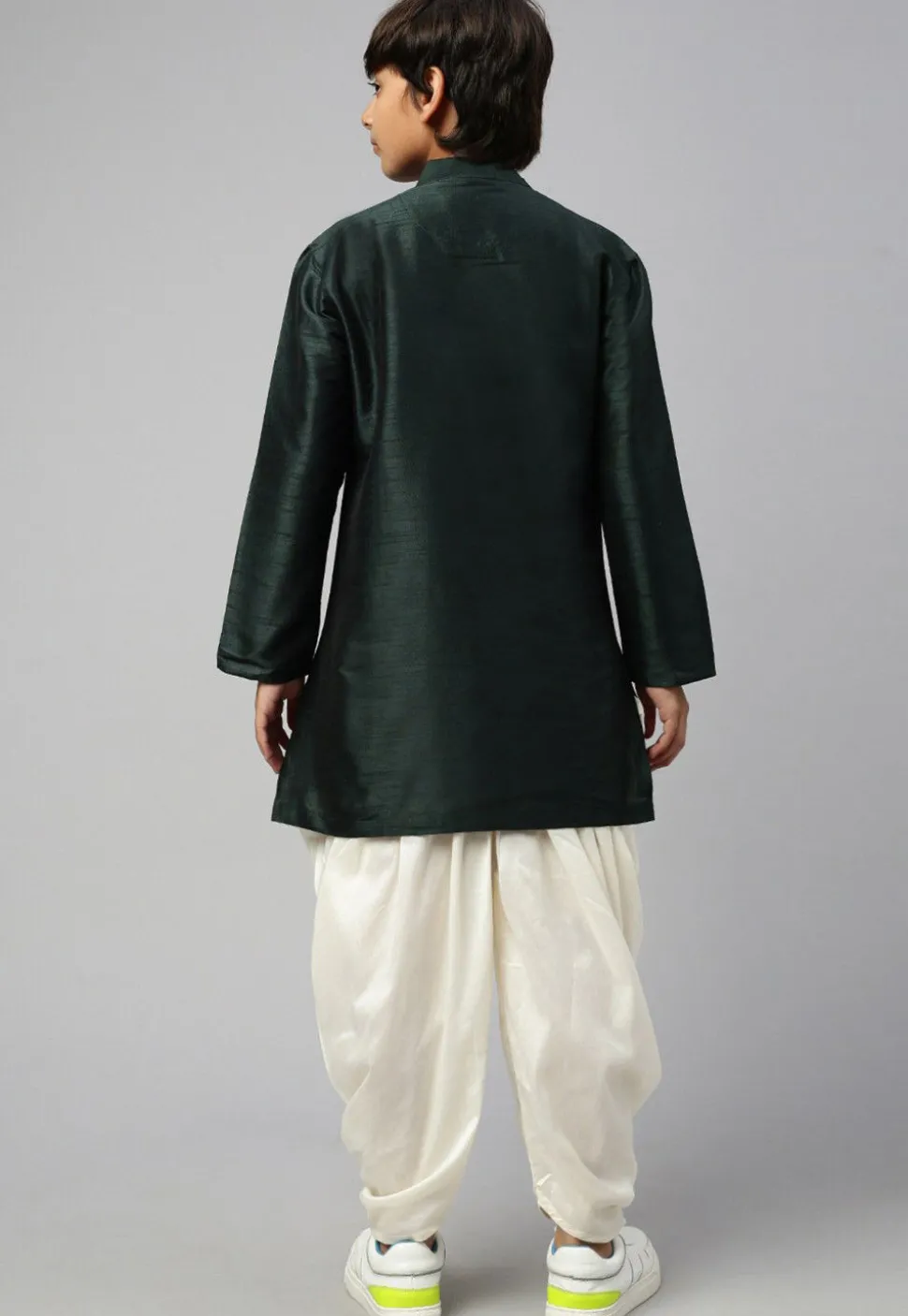 Solid Color Dupion Silk Kurta Dhoti Set in Dark Green