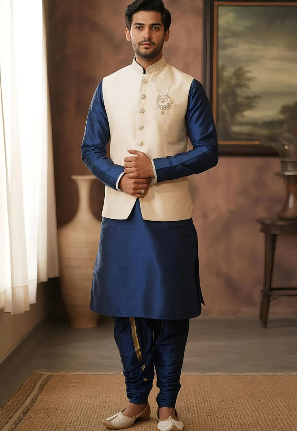 Solid Color Dupion Silk Kurta Set in Navy Blue and Cream