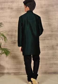 Solid Color Dupion Silk Kurta Set in Dark Green